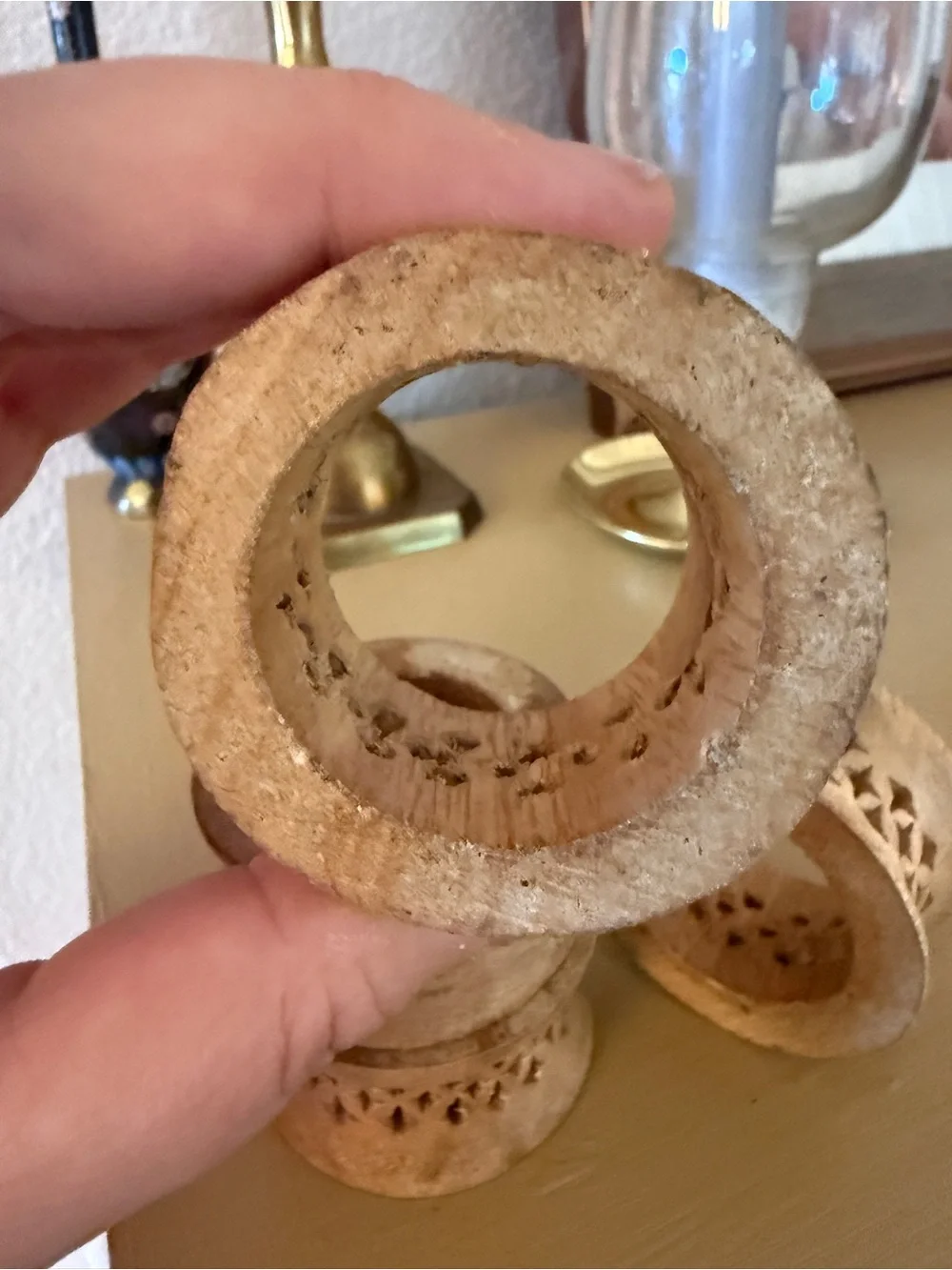 Handcrafted Carved Wooden Napkin Rings - Beige